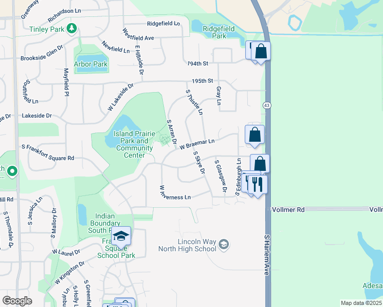 map of restaurants, bars, coffee shops, grocery stores, and more near 19708 South Skye Drive in Frankfort