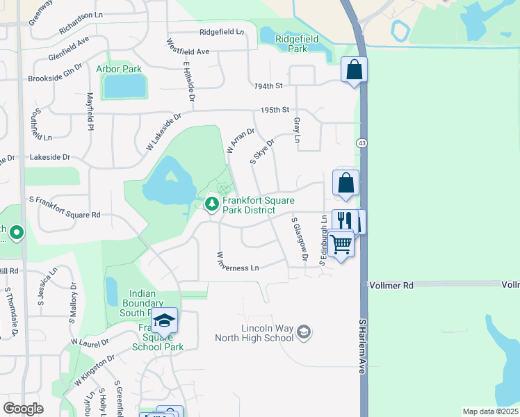 map of restaurants, bars, coffee shops, grocery stores, and more near 19708 South Skye Drive in Frankfort