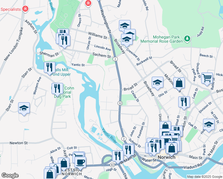 map of restaurants, bars, coffee shops, grocery stores, and more near 197 Yantic Street in Norwich