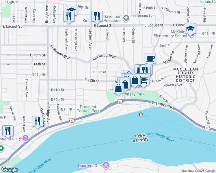map of restaurants, bars, coffee shops, grocery stores, and more near 1111 Spring Street in Davenport