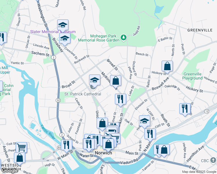 map of restaurants, bars, coffee shops, grocery stores, and more near 53 Otis Street in Norwich