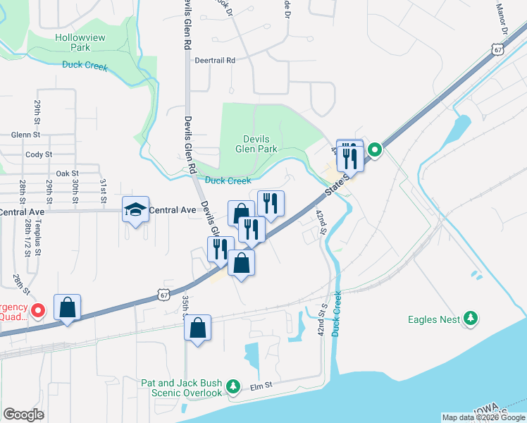 map of restaurants, bars, coffee shops, grocery stores, and more near 3801 Creek Hill Drive in Bettendorf