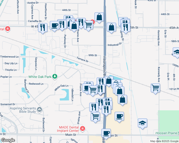 map of restaurants, bars, coffee shops, grocery stores, and more near 2243 Teakwood Circle in Highland