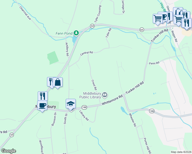 map of restaurants, bars, coffee shops, grocery stores, and more near 152 Crest Road in Middlebury