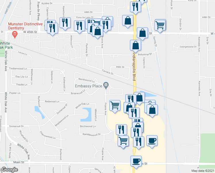 map of restaurants, bars, coffee shops, grocery stores, and more near 2214 Teakwood Circle in Highland