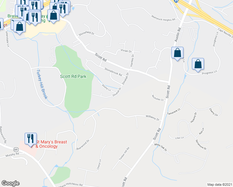 map of restaurants, bars, coffee shops, grocery stores, and more near 124 Dinatali Drive in Waterbury