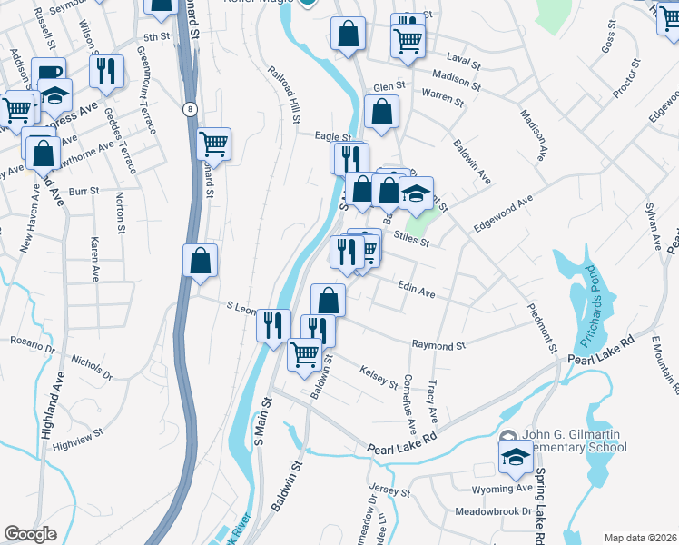 map of restaurants, bars, coffee shops, grocery stores, and more near 13 Simons Avenue in Waterbury