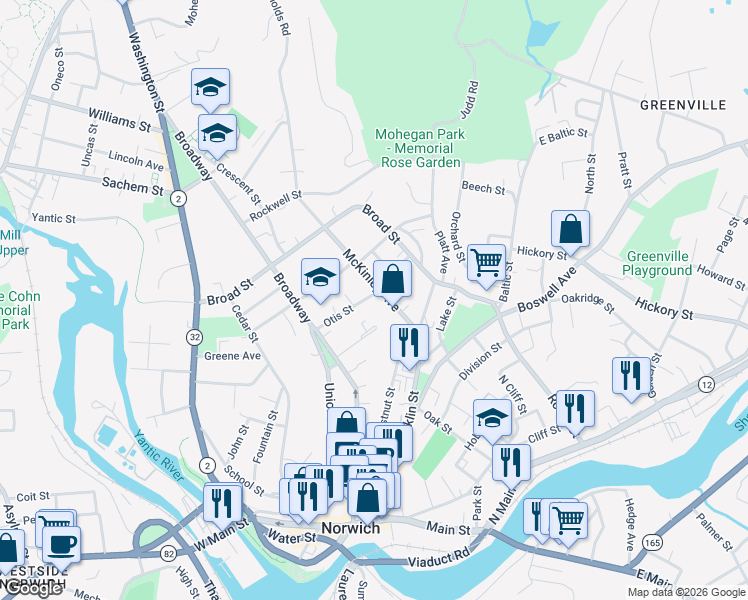 map of restaurants, bars, coffee shops, grocery stores, and more near 58 McKinley Avenue in Norwich