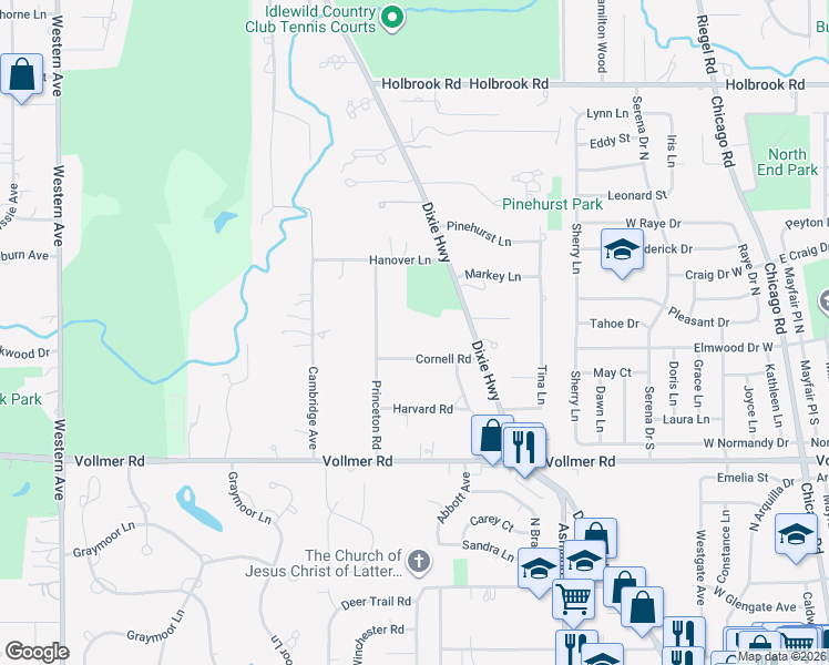 map of restaurants, bars, coffee shops, grocery stores, and more near 1639 Princeton Road in Flossmoor