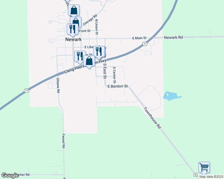 map of restaurants, bars, coffee shops, grocery stores, and more near 409 East Benton Street in Newark