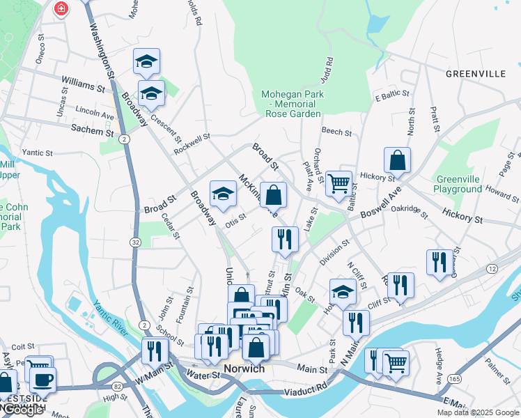 map of restaurants, bars, coffee shops, grocery stores, and more near 58 McKinley Avenue in Norwich