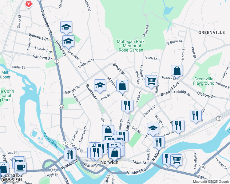 map of restaurants, bars, coffee shops, grocery stores, and more near 58 McKinley Avenue in Norwich