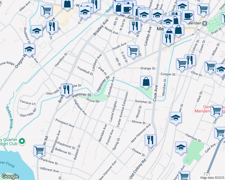 map of restaurants, bars, coffee shops, grocery stores, and more near 54 Columbus Avenue in Meriden