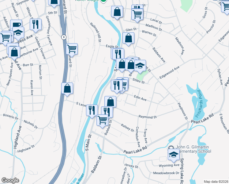 map of restaurants, bars, coffee shops, grocery stores, and more near 13 Simons Avenue in Waterbury