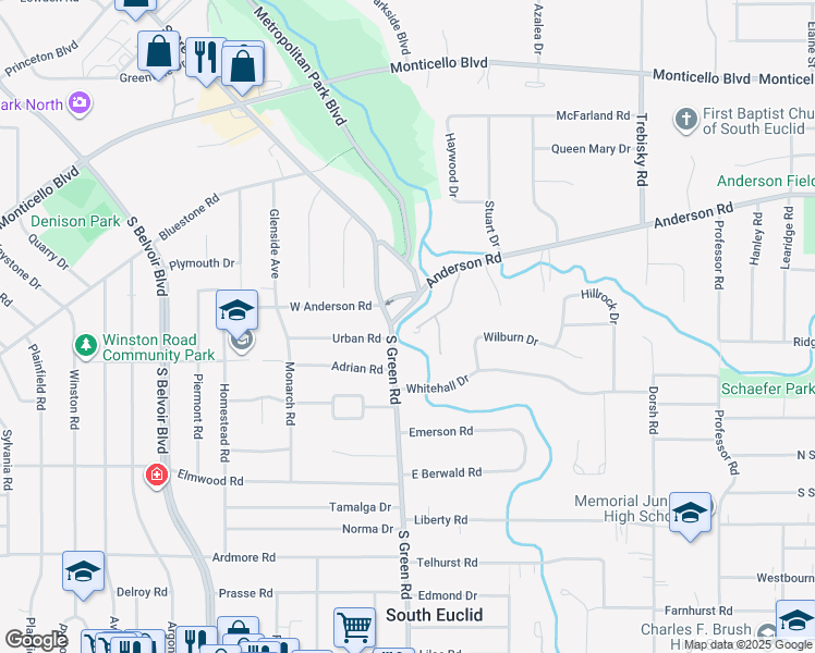 map of restaurants, bars, coffee shops, grocery stores, and more near 1026 Cutters Creek Drive in South Euclid
