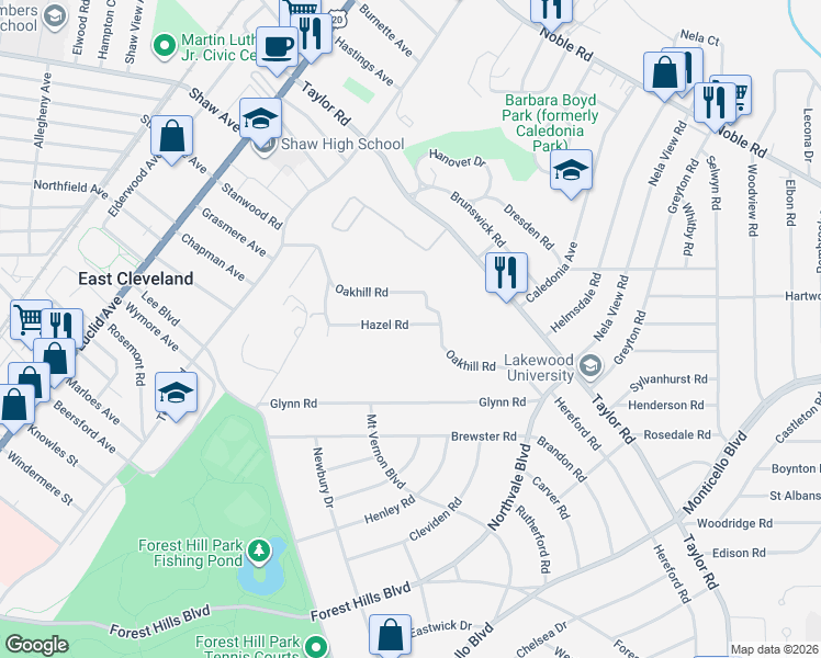 map of restaurants, bars, coffee shops, grocery stores, and more near 15907 Hazel Road in East Cleveland
