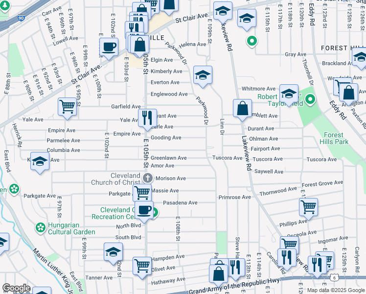 map of restaurants, bars, coffee shops, grocery stores, and more near 10728 Gooding Avenue in Cleveland