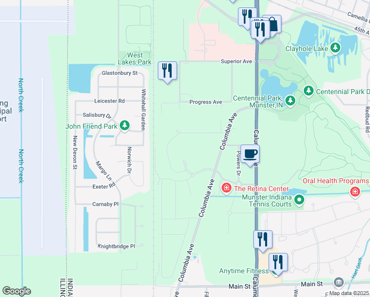 map of restaurants, bars, coffee shops, grocery stores, and more near McClaughry Drive in Munster