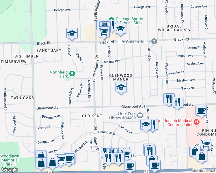 map of restaurants, bars, coffee shops, grocery stores, and more near 518 Apollo Drive in Joliet