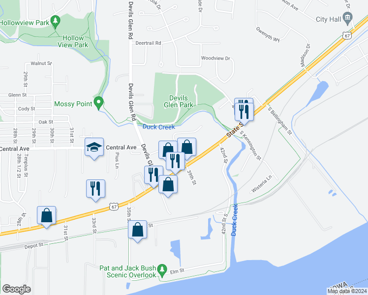 map of restaurants, bars, coffee shops, grocery stores, and more near 3801 Creek Hill Drive in Bettendorf