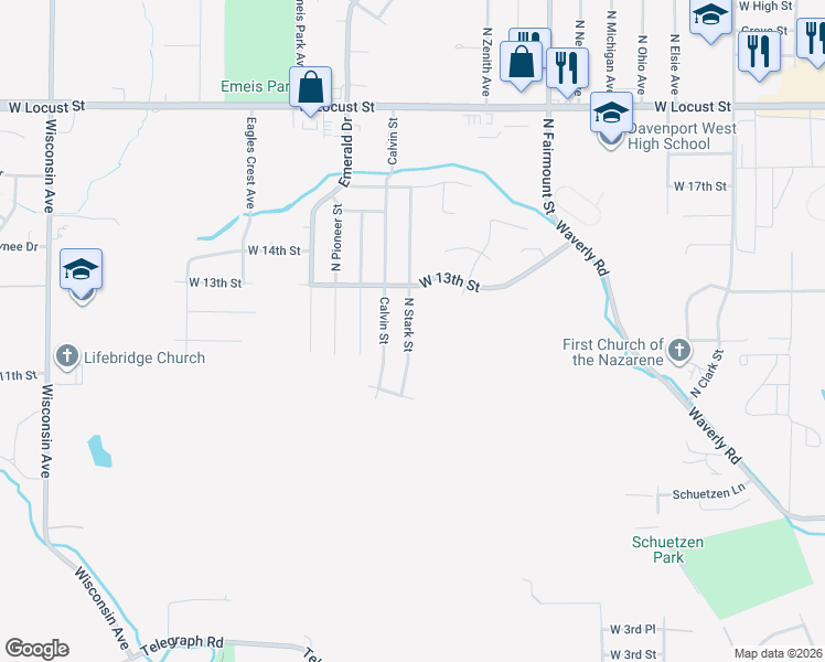 map of restaurants, bars, coffee shops, grocery stores, and more near 1203 North Stark Street in Davenport