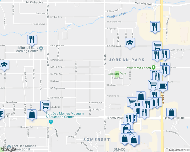 map of restaurants, bars, coffee shops, grocery stores, and more near 426 East Wall Avenue in Des Moines
