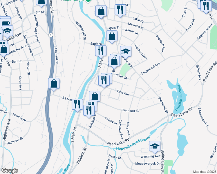 map of restaurants, bars, coffee shops, grocery stores, and more near in Waterbury
