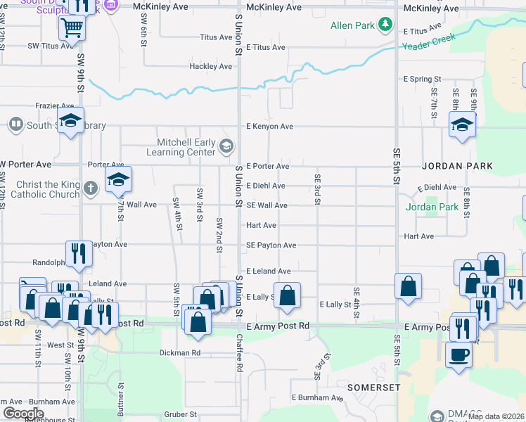 map of restaurants, bars, coffee shops, grocery stores, and more near 18 East Wall Avenue in Des Moines