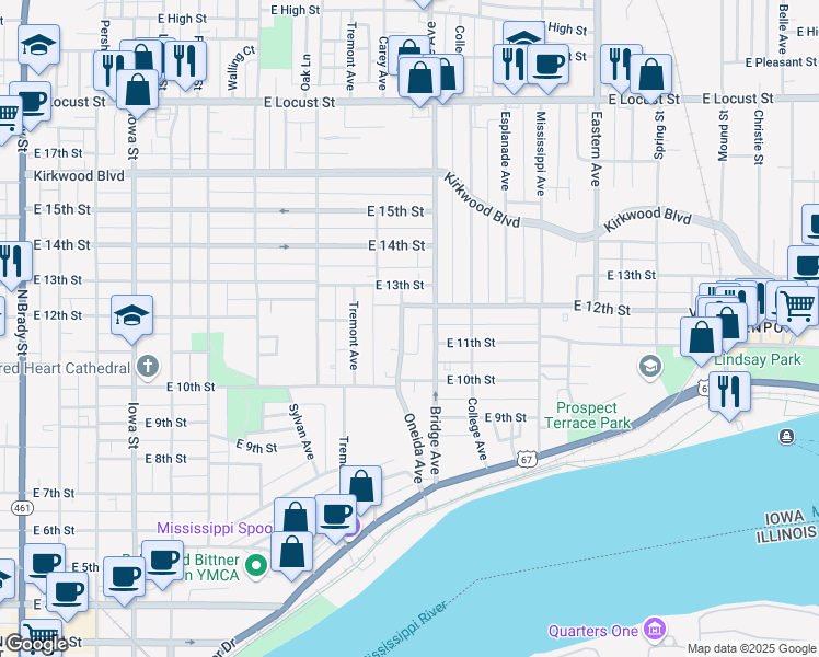 map of restaurants, bars, coffee shops, grocery stores, and more near 1115 Oneida Avenue in Davenport