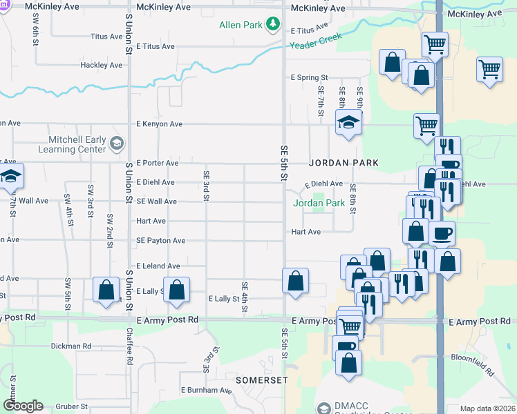 map of restaurants, bars, coffee shops, grocery stores, and more near 426 East Wall Avenue in Des Moines