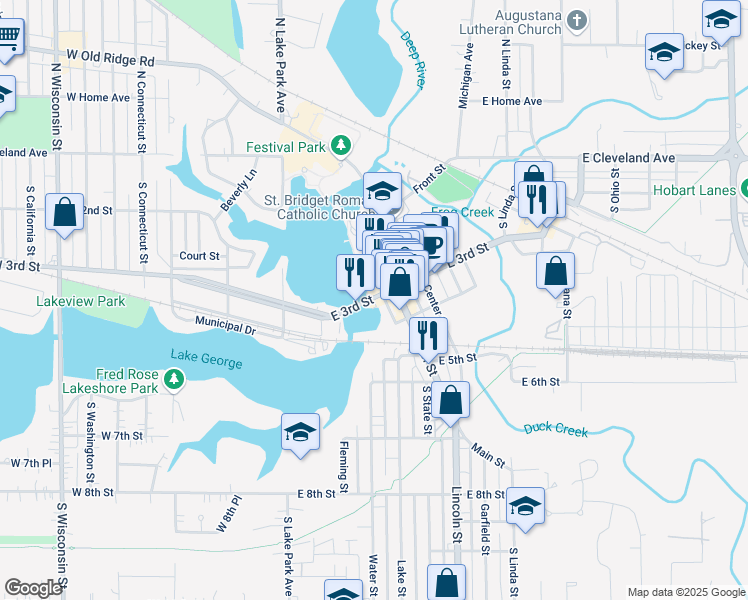 map of restaurants, bars, coffee shops, grocery stores, and more near 300 East 3rd Street in Hobart