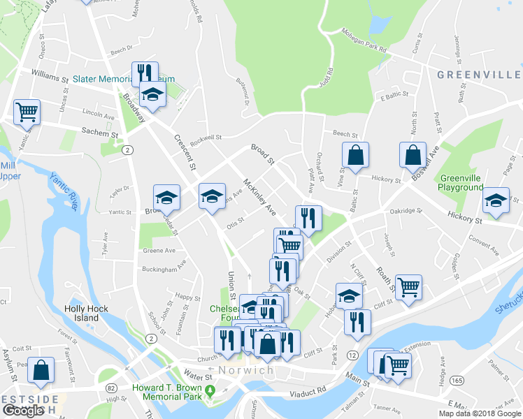map of restaurants, bars, coffee shops, grocery stores, and more near 59 Otis Street in Norwich