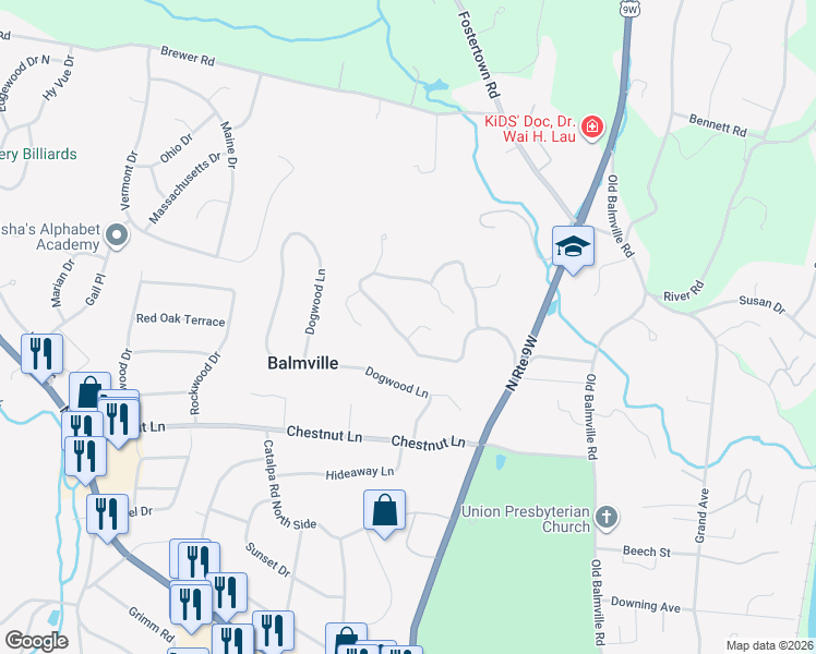 map of restaurants, bars, coffee shops, grocery stores, and more near 33 Dogwood Hills Road in Newburgh