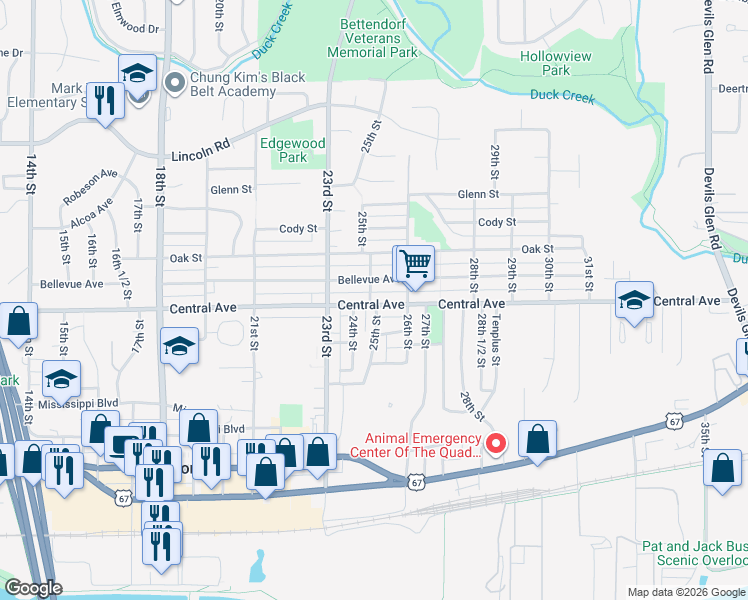 map of restaurants, bars, coffee shops, grocery stores, and more near 2502 Central Avenue in Bettendorf