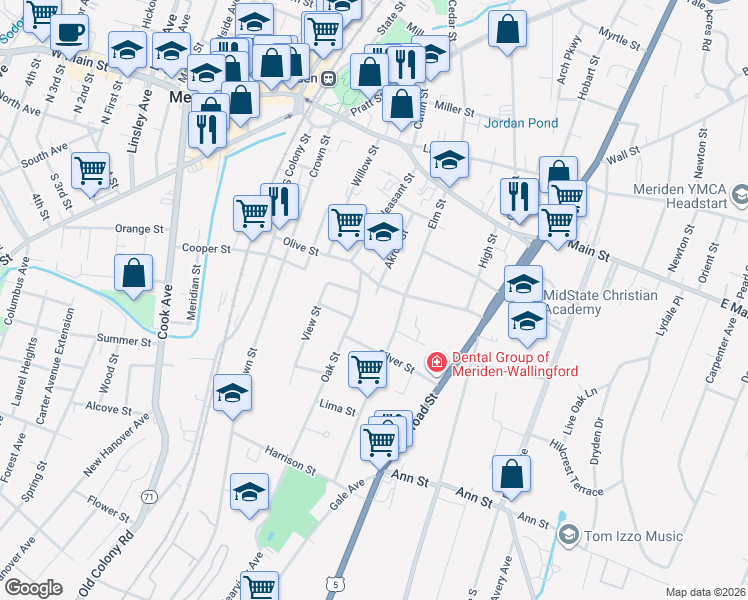map of restaurants, bars, coffee shops, grocery stores, and more near 135 Olive Street in Meriden