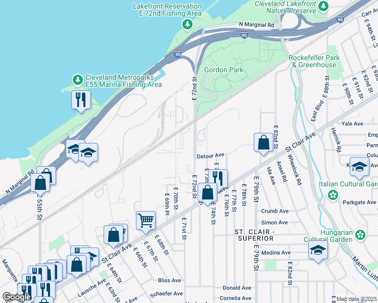 map of restaurants, bars, coffee shops, grocery stores, and more near 850 East 72nd Street in Cleveland