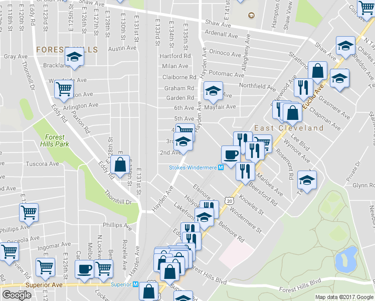 map of restaurants, bars, coffee shops, grocery stores, and more near 1730 Hayden Ave in Cleveland