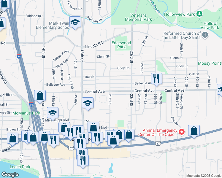 map of restaurants, bars, coffee shops, grocery stores, and more near 1007 21st Street in Bettendorf