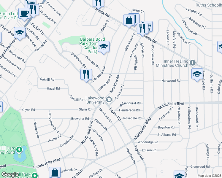 map of restaurants, bars, coffee shops, grocery stores, and more near 1046 Nela View Road in Cleveland Heights