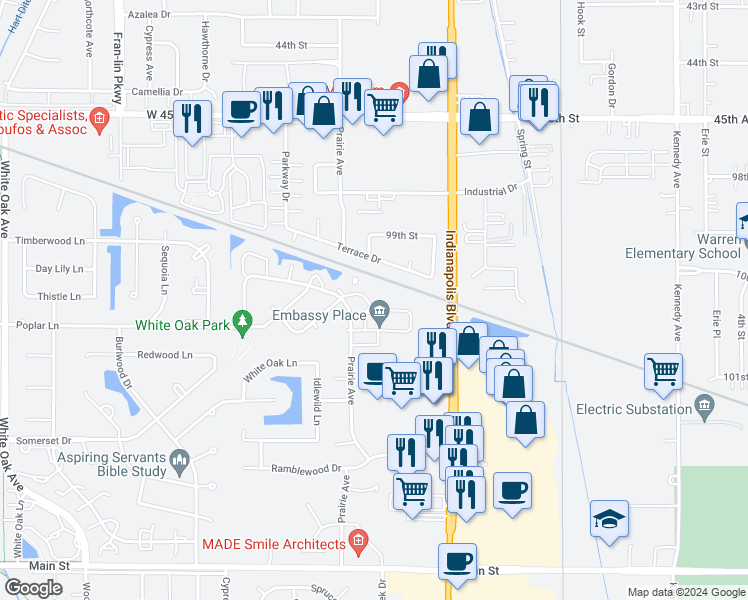 map of restaurants, bars, coffee shops, grocery stores, and more near 2229 Teakwood Circle in Highland