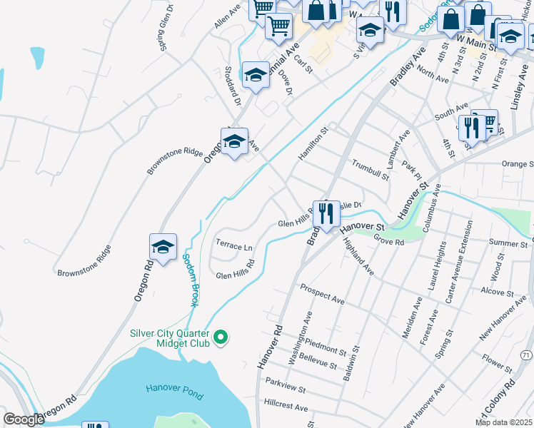 map of restaurants, bars, coffee shops, grocery stores, and more near 344 Glen Hills Road in Meriden