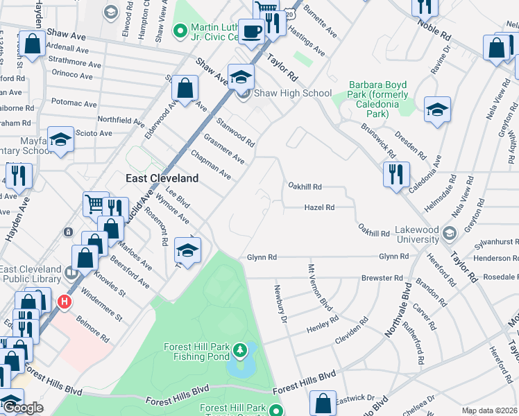 map of restaurants, bars, coffee shops, grocery stores, and more near 14900 Private Drive in East Cleveland