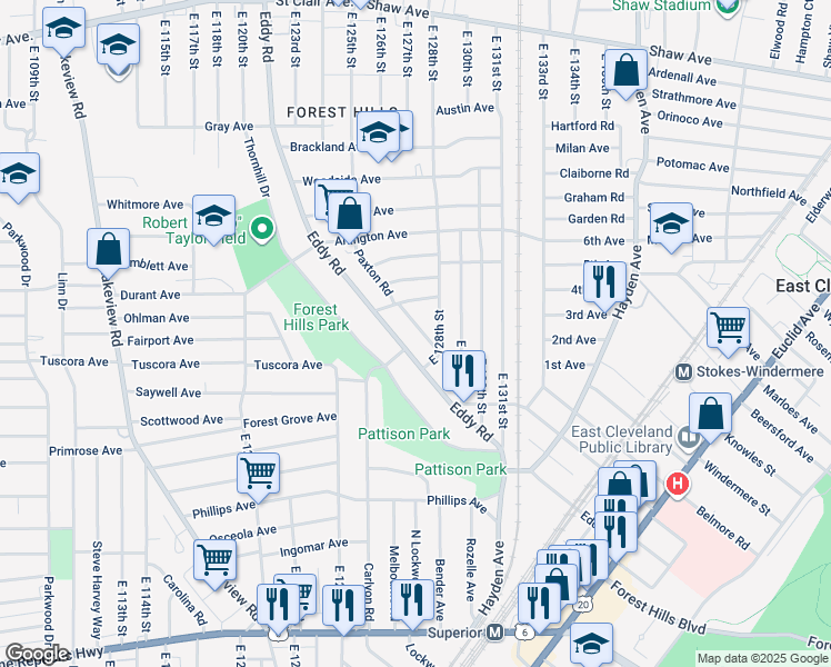 map of restaurants, bars, coffee shops, grocery stores, and more near 942 Paxton Road in Cleveland