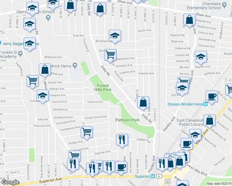 map of restaurants, bars, coffee shops, grocery stores, and more near 934 Eddy Road in Cleveland