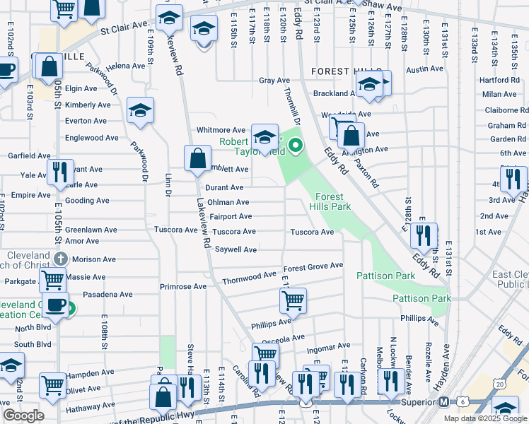 map of restaurants, bars, coffee shops, grocery stores, and more near 11706 Ohlman Avenue in Cleveland