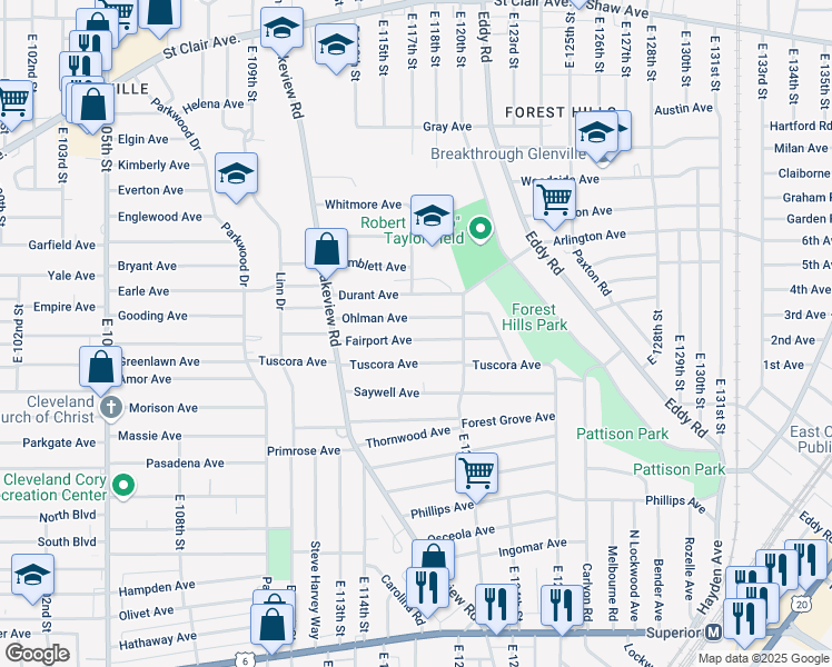 map of restaurants, bars, coffee shops, grocery stores, and more near 11706 Ohlman Avenue in Cleveland