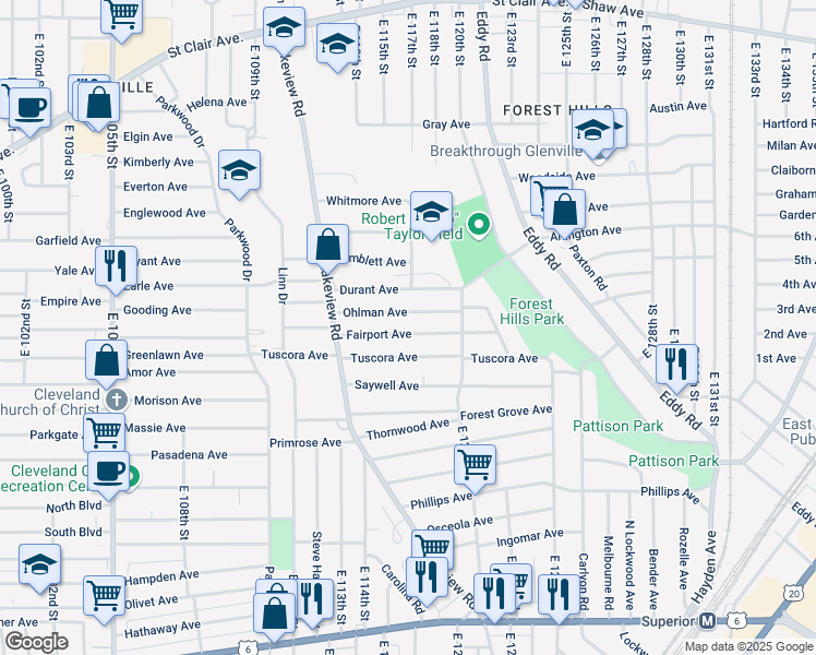 map of restaurants, bars, coffee shops, grocery stores, and more near 11514 Ohlman Avenue in Cleveland