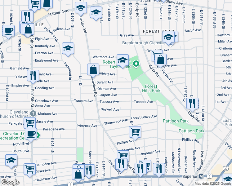 map of restaurants, bars, coffee shops, grocery stores, and more near 11514 Ohlman Avenue in Cleveland