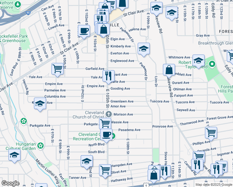 map of restaurants, bars, coffee shops, grocery stores, and more near in Cleveland