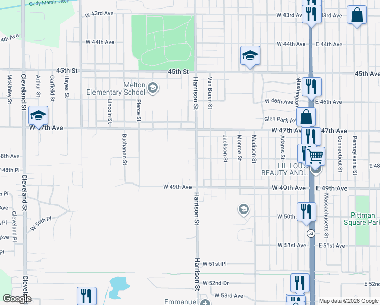 map of restaurants, bars, coffee shops, grocery stores, and more near 4750 Harrison St in Gary